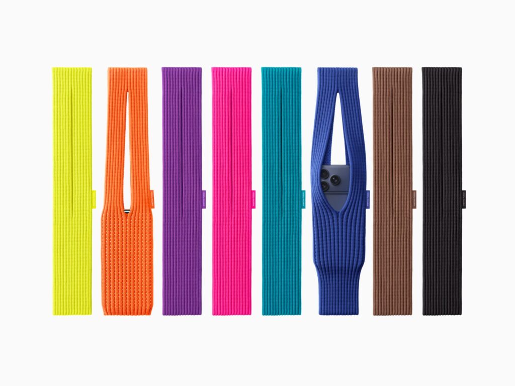 iphone pocket Featuring a playful color palette, the short strap design is available in eight colors: lemon, mandarin, purple, pink, peacock, sapphire, cinnamon, and black.